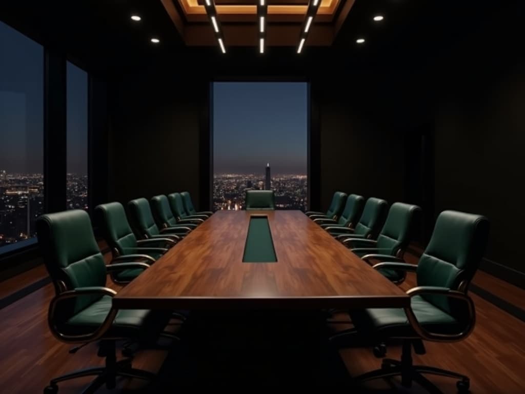 An empty boardroom overlooking a city skyline at night