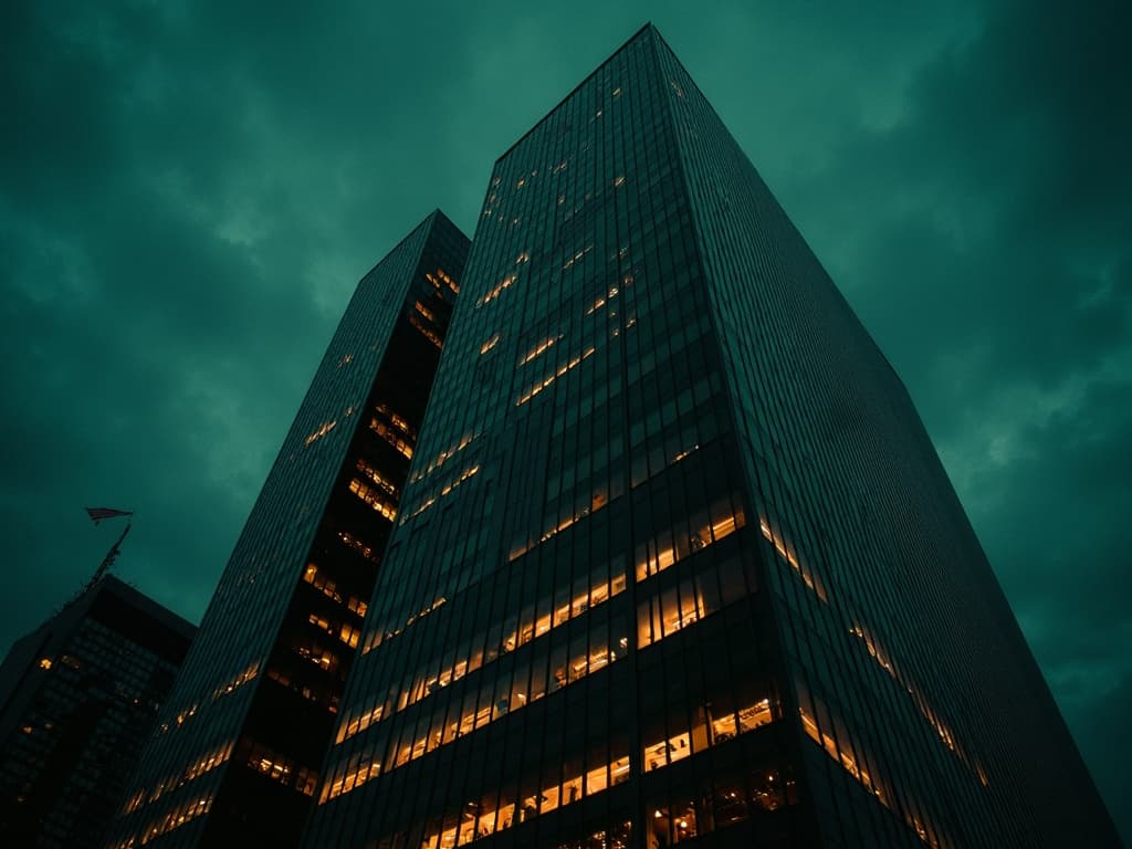 A glass tower lit from within at dusk